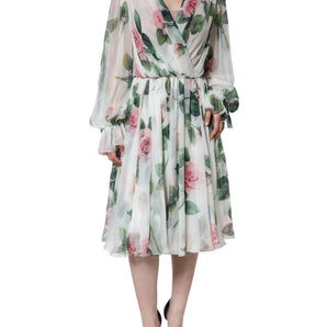 Dolce & Gabbana White Silk Floral Print A-line Midi Dress