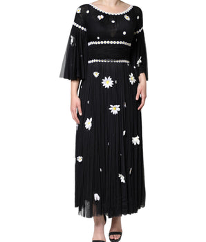 Dolce &amp; Gabbana Vestido largo evasé largo con margaritas de seda negra