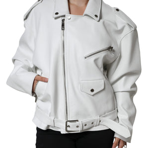 Dolce & Gabbana White Lambskin Leather Biker Coat Jacket