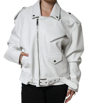 Dolce &amp; Gabbana Chaqueta motera de piel de cordero blanca