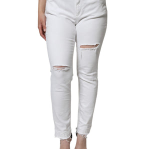 Dolce & Gabbana White Cotton Stretch Tattered Skinny Jeans