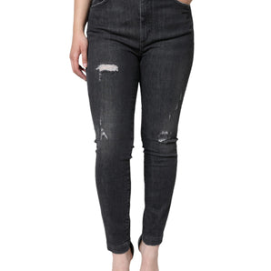 Dolce & Gabbana Black Cotton Stretch Tattered Skinny Jeans