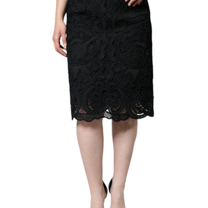 Dolce & Gabbana Black Floral Lace HighWaist Pencil Cut Skirt