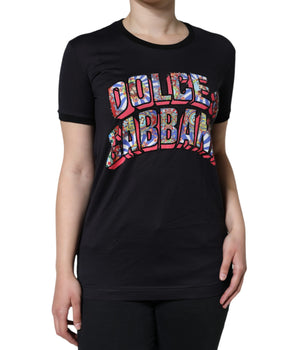 Dolce &amp; Gabbana Black Cotton Logo Print Round Neck T-shirt