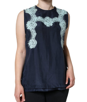 Dolce &amp; Gabbana Blue Floral Lace Silk Sleeveless Tank Top