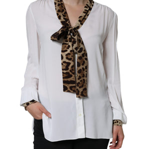 Dolce & Gabbana White Ascot Collar Long Sleeve Top Blouse