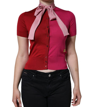 Dolce &amp; Gabbana Pink Short Sleeves Pullover Ascot Collar Top