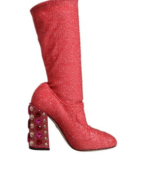Dolce &amp; Gabbana Pink Crystal Lurex Fantasy High Boots Shoes