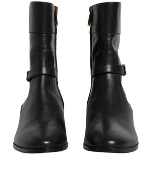 Dolce &amp; Gabbana Black Leather Logo Mid Calf Boots Shoes