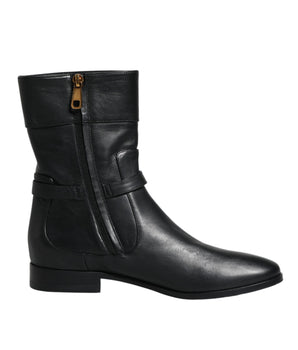 Dolce &amp; Gabbana Black Leather Logo Mid Calf Boots Shoes