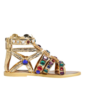 Dolce & Gabbana Gold Leather Crystal Gladiator Sandals Flats Shoes