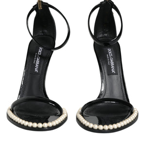 Dolce & Gabbana Black Keira Leather Faux Pearl Sandals Heels Shoes