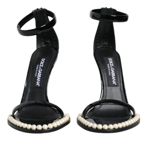 Dolce & Gabbana Black Keira Leather Faux Pearl Sandals Heels Shoes