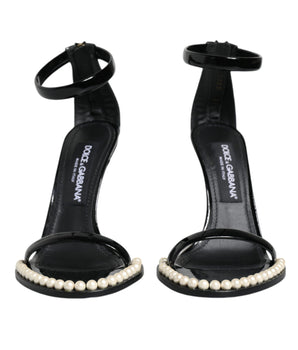 Dolce &amp; Gabbana Black Keira Leather Faux Pearl Sandals Heels Shoes