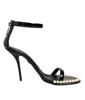 Dolce &amp; Gabbana Black Keira Leather Faux Pearl Sandals Heels Shoes