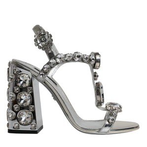 Dolce & Gabbana Silver Leather T-strap Crystal Sandals Shoes