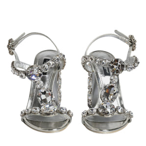 Dolce & Gabbana Silver Leather T-strap Crystal Sandals Shoes