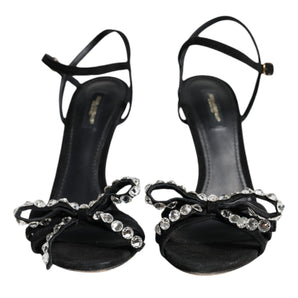 Dolce & Gabbana Black Leather Crystal Bow Heels Sandals Shoes