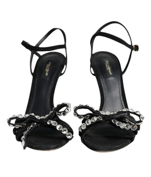 Dolce &amp; Gabbana Black Leather Crystal Bow Heels Sandals Shoes