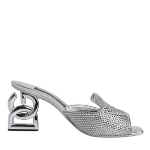 Dolce & Gabbana Silver Viscose Logo Heels Slide Sandals Shoes