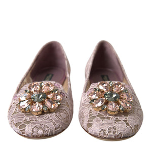 Dolce & Gabbana Pink Lace Crystal Ballet Flats Loafers Shoes