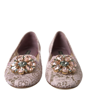 Dolce &amp; Gabbana Pink Lace Crystal Ballet Flats Loafers Shoes