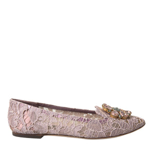 Dolce & Gabbana Pink Lace Crystal Ballet Flats Loafers Shoes