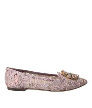 Dolce &amp; Gabbana Pink Lace Crystal Ballet Flats Loafers Shoes