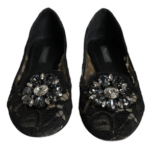 Dolce & Gabbana Black Lace Crystal Ballet Flats Loafer Shoes