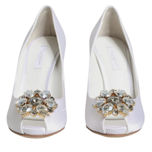 Dolce & Gabbana White Crystals Peep Toe Satin Pumps Shoes