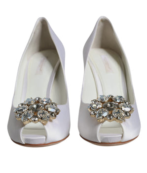 Dolce &amp; Gabbana Zapatos de tacón de satén con punta abierta y cristales blancos