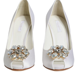 Dolce & Gabbana White Crystals Peep Toe Satin Pumps Shoes