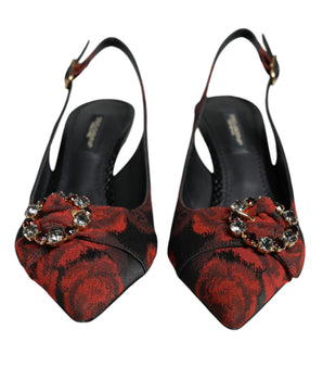 Dolce &amp; Gabbana Black Red Floral Crystal Heel Slingback Shoes