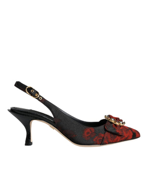 Dolce &amp; Gabbana Black Red Floral Crystal Heel Slingback Shoes