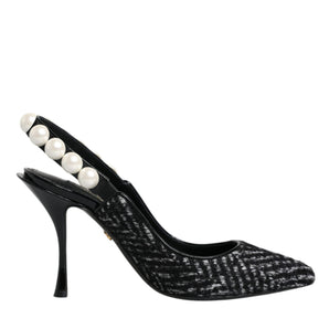 Dolce & Gabbana White Black Chevron Faux Pearl Slingback Shoes