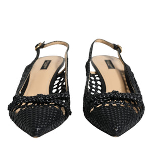 Dolce & Gabbana Black Leather Woven Heels Slingback Shoes