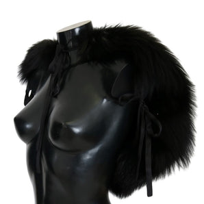 Dolce &amp; Gabbana Elegant Black Silver Fox Fur Wrap Scarf