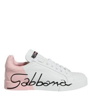 Dolce &amp; Gabbana White Pink Portofino Low Top Sneakers Shoes