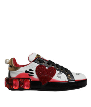 Dolce &amp; Gabbana White Red Crystals Leather Portofino Sneakers Shoes