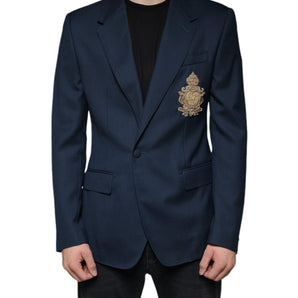 Dolce & Gabbana Blue Wool Logo Single Breasted Coat Blazer