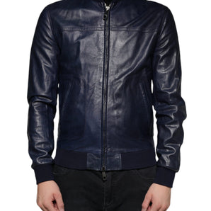 Dolce & Gabbana Blue Lambskin Leather Full Zip Biker Jacket