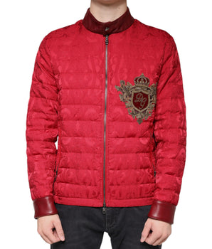 Dolce & Gabbana Red Quilted Bomber Gold Crown Logo Jacket