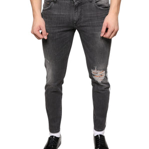 Dolce & Gabbana Black Tattered Cotton Skinny Men Denim Jeans