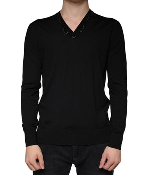 Dolce & Gabbana Black Embellished V-neck Pullover Sweater
