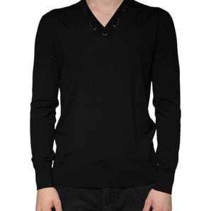 Dolce & Gabbana Black Embellished V-neck Pullover Sweater