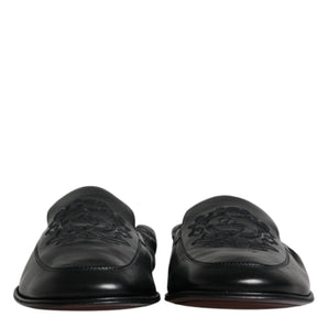 Dolce & Gabbana Black Logo Embroidered Leather Loafer Men Dress Shoes