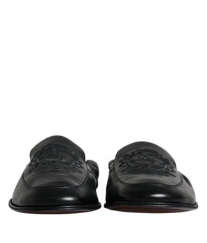 Dolce & Gabbana Black Logo Embroidered Leather Loafer Men Dress Shoes