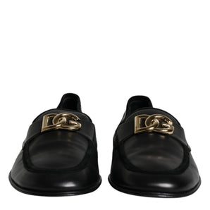 Dolce & Gabbana Black Leather Logo Slip On Loafers Shoes