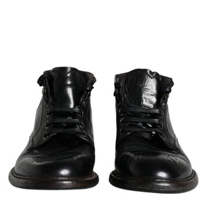 Dolce & Gabbana Black Leather Men Short Boots Lace Up Shoes