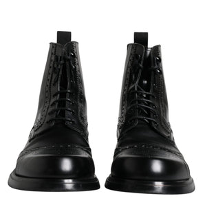 Dolce & Gabbana Black Leather Lace Up Mid Calf Boots Shoes